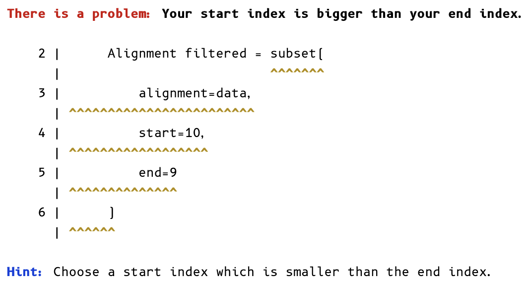 Screenshot of error message examples