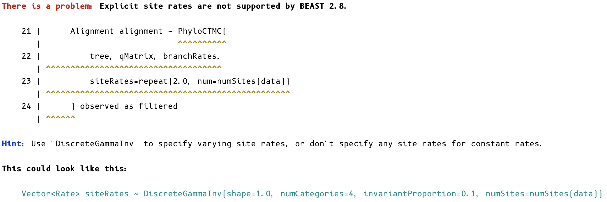 Screenshot of error message examples